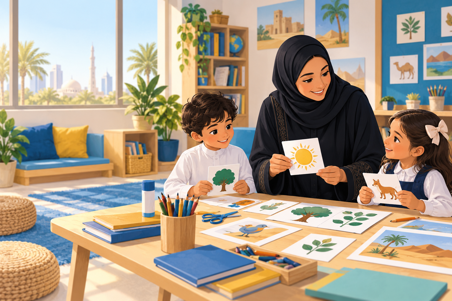 معلّمة وطلاب يستخدمون وسائل تعليمية ملوّنة في الصف