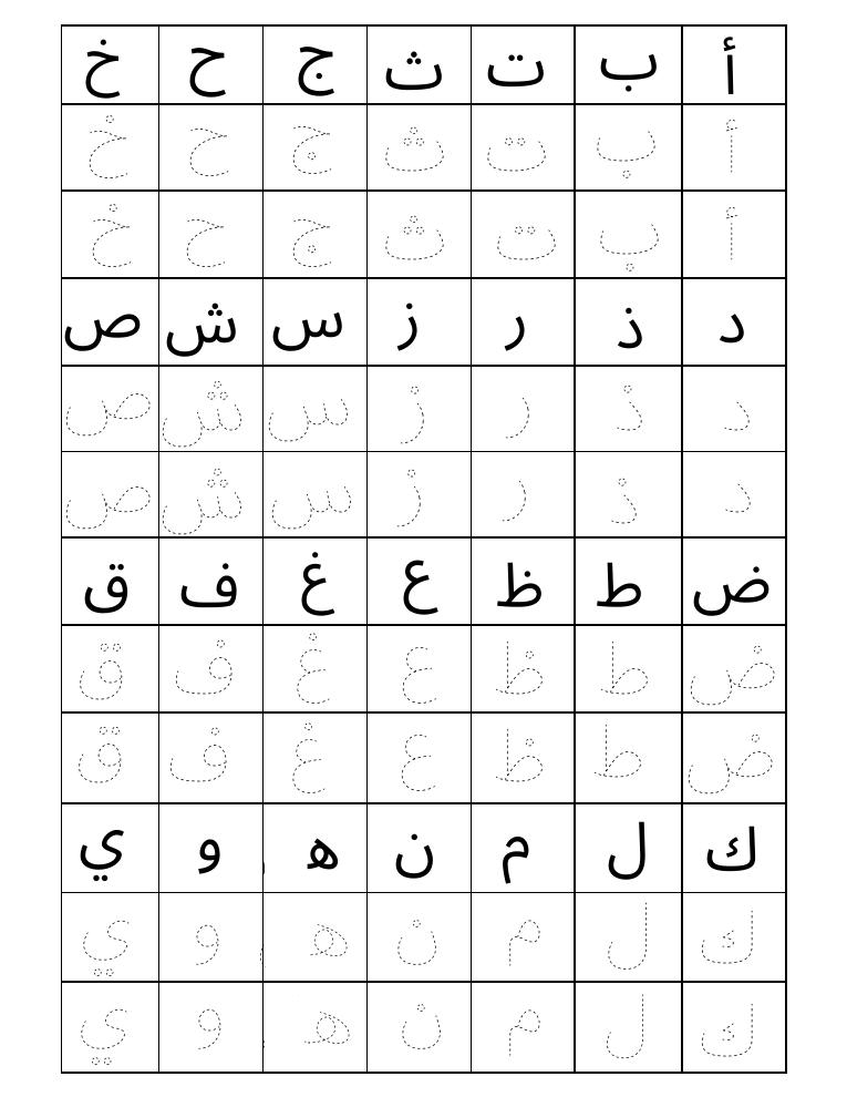 معاينة صفحة تدريب كتابة الحروف
